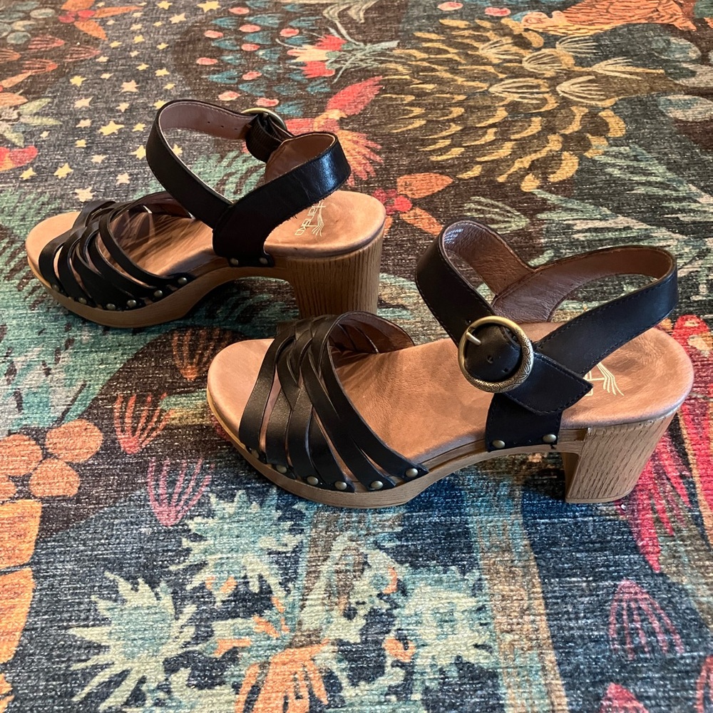 Dansko Black Strappy Sandals with Wooden Heel